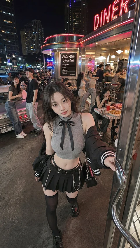 A neon-lit diner entrance frames a woman wearing a gray cropped top, dark pleated skirt and jacket.