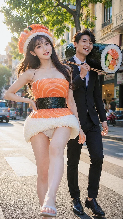 Two people walk along a sunny street wearing oversized sushi-themed costume elements.
