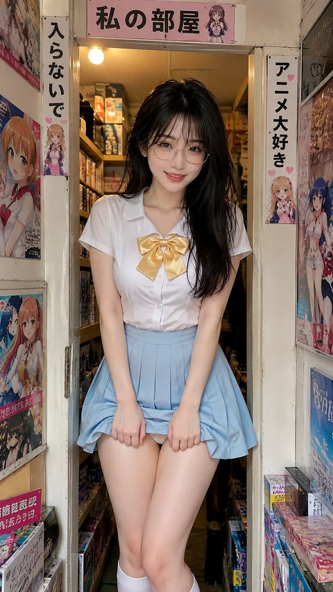 A person in a printed white T-shirt and light blue pleated skirt stands in a narrow shop entrance.