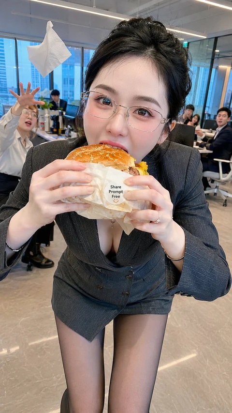 Holding a burger, a woman in a dark jacket and short denim bottoms leans toward the camera.