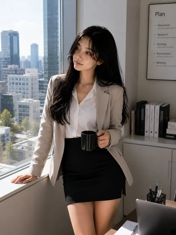 Illustrative adult portrait: Office clothing beside a skyline window