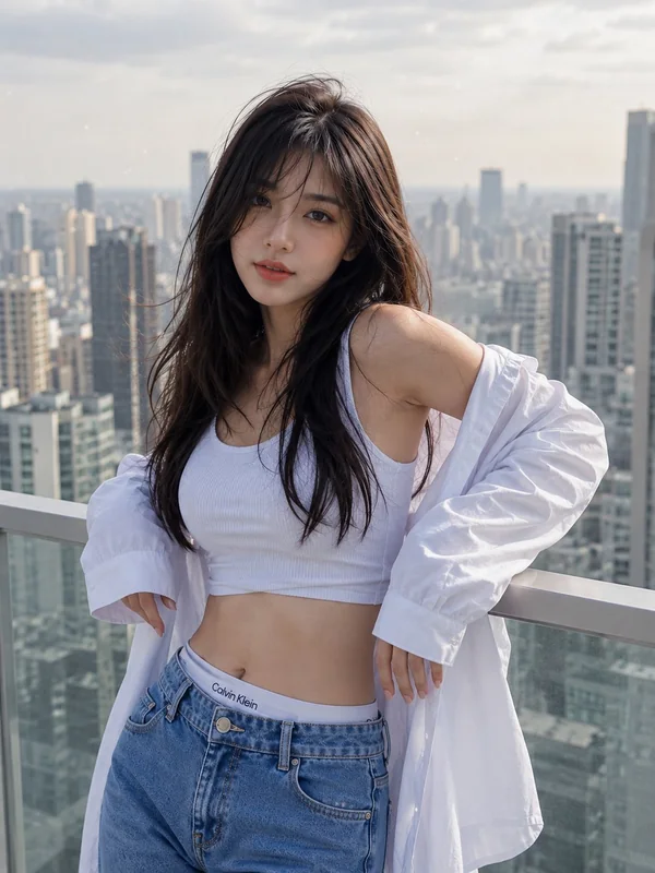 Illustrative adult portrait: White shirt and denim above a city skyline