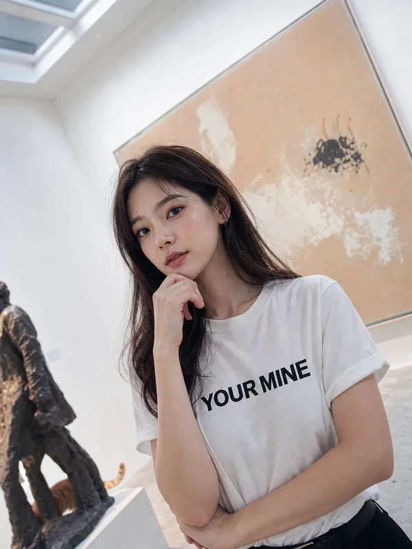 Illustrative adult portrait: White graphic shirt in a contemporary art gallery