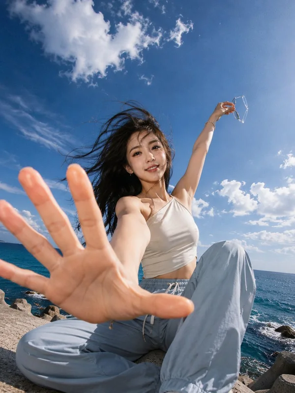 Illustrative adult portrait: Casual denim beside a blue sea