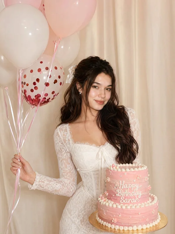 Illustrative adult portrait: White evening dress at a birthday celebration