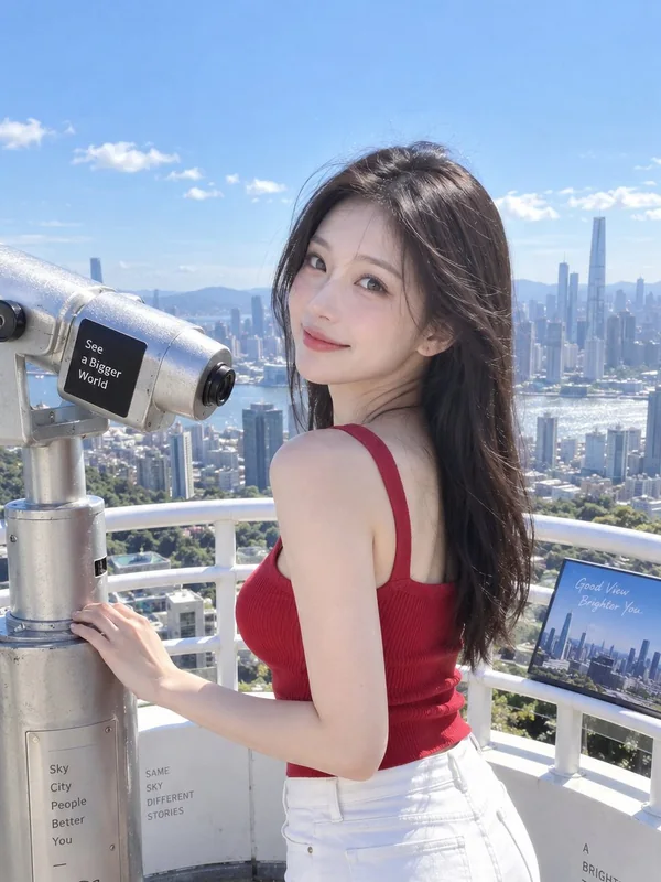 Illustrative adult portrait: City sightseeing beside an observation telescope