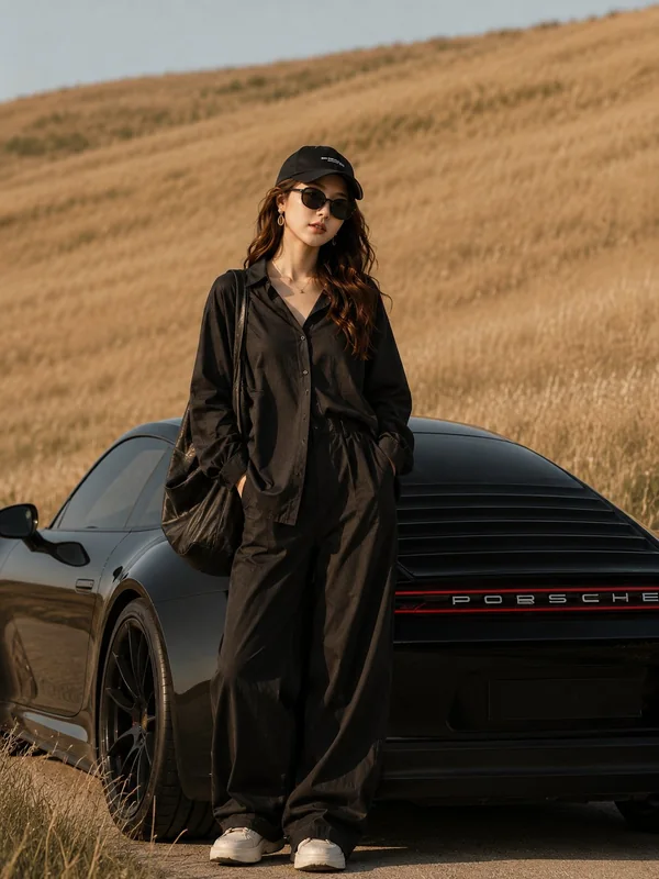 Illustrative adult portrait: Dark casual clothing in a golden field