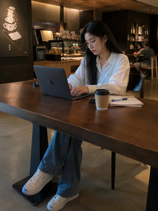 Illustrative adult portrait: Working with a laptop at a contemporary cafe